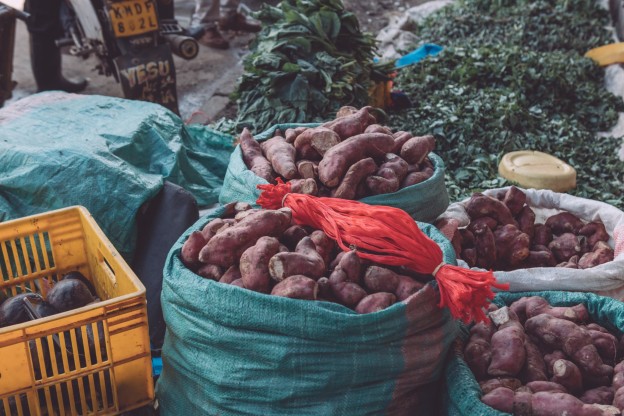 sacks full of purple sweet potatoes
